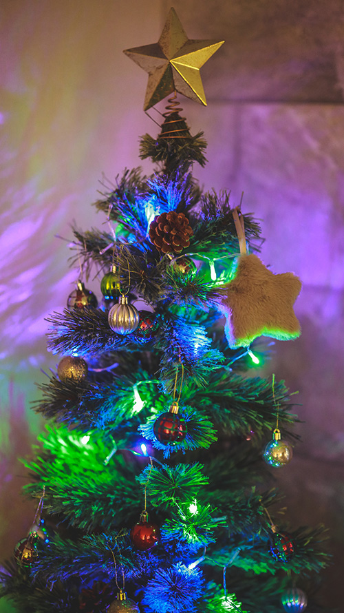 TikTok/YouTubeショートの背景にも使えるおしゃれな画像：温かみのあるイルミネーションとオーナメントで飾られたクリスマスツリー