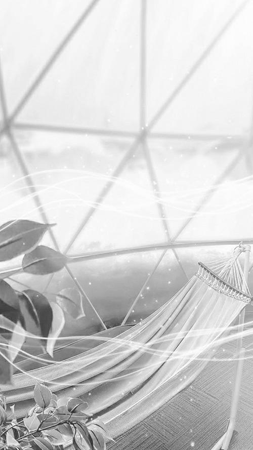無料のおしゃれな縦長画像：柔らかな光に包まれた白いドームテント内のハンモックと観葉植物（白黒版）